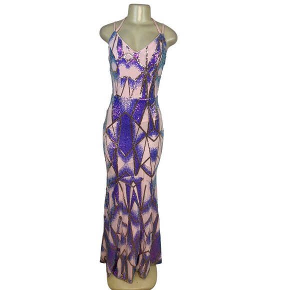 Giffniseti Women’s Pink Sequin Halter Neck Backless Maxi Dress Sz S - New - Picture 1 of 11
